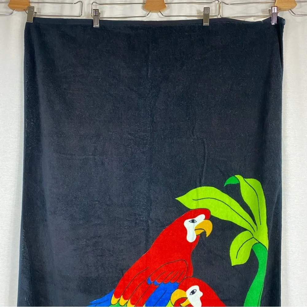 Vintage Tropical Parrot Print Black Beach Towel